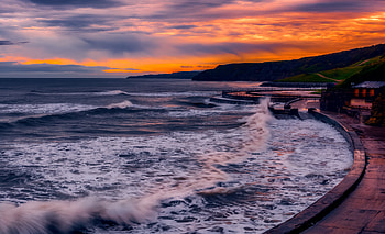 Sea waves, walking path, sunset, sea HD wallpaper