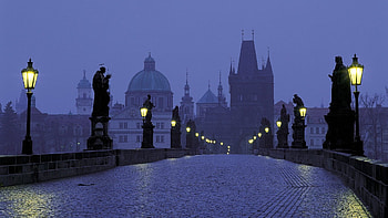 Evening view, Twilight beauty, Charles Bridge, Prague's captivating charm HD wallpaper