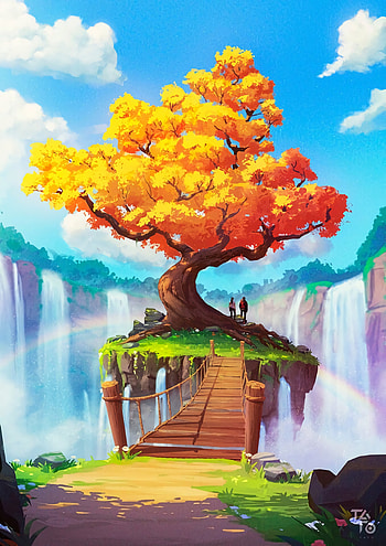 Art, Wood, Waterfall, Tree, Break, Precipice, Bridge HD phone wallpaper