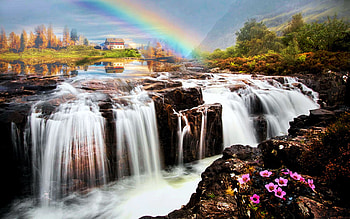 Beautiful Fairy Pools Scotland, flowers, rocks, rainbow, waterfall, trees, sky HD wallpaper