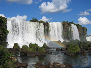 Nature, Stones, Sky, Clouds, Waterfalls, Rainbow, Rocks HD wallpaper