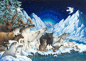 Message of Peace, winter, bears, wolves, owl, artwork, painting, moon, snow, deer, seals, animals, mountains HD wallpaper