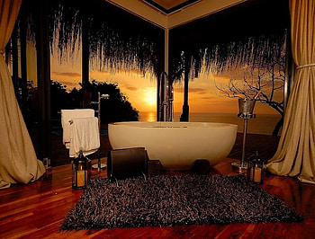 Inviting, wood floorm bathtubm towels, bath, rack, relax, curtain, bottle, rugs, tub, amazing, sunset, wine HD wallpaper