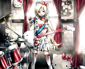 Kitty Girl, windows, kitty, guitar, cute, dress, beauty, music, instruments, sweet, white, kitty cat, girl, beautiful, drums, rock, pink, anime, pretty, light, red, lovely, micro HD wallpaper