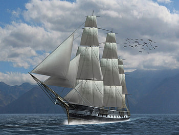 Sailboat, boat, white, birds, mountain, lake, tall, sailboats, boats, clouds, sailing, nature, sky, water HD wallpaper