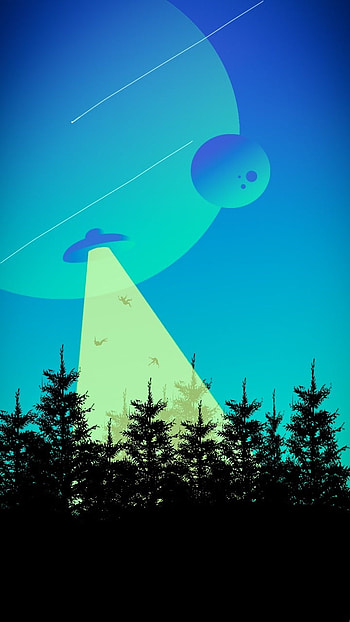 UFO in Forest, aesthetic, atmosphere, sky, falling, green, minimilistic, vignette, bodies, planet, night, best, heavenly, trees, asteroid, moon, s, blue, comets, evening, humans, abducting HD phone wallpaper