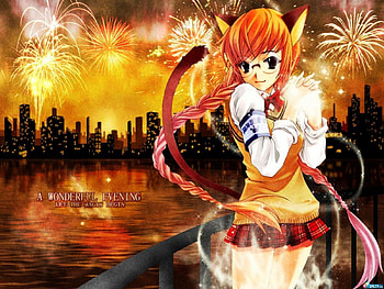 Wonderful Evening, fireworks, magic, anime, ears, girl, tail, evening HD wallpaper