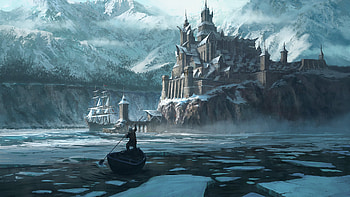Snow, Winter, Fantasy, City, Boat, Ice, Mountain, Water HD wallpaper