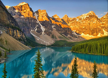Sunrise on moraine lake, snow, trees, sky, canada, mountains, sun, forest, lake HD wallpaper