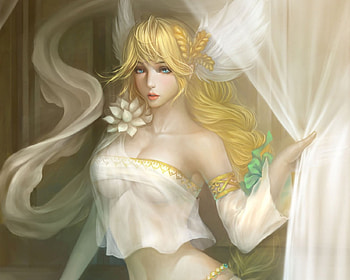 Blondie, blonde, cute, long hair, dress, beauty, nice, lady, feather, flower, maiden, female, sexy, sweet, white, ribbon, hot, girl, beautiful, anime girl, anime, pretty HD wallpaper