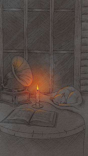 NOCTURNE, Whispers by candlelight., cat, Digital Art, drawing, music, candle HD phone wallpaper