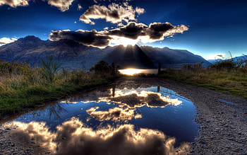 Nature, Sky, Mountains, Sun, Clouds, Lake, Reflection, Shine, Light, Shadows HD wallpaper