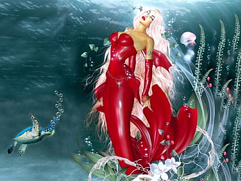 Red Siren , digital, fantasy, Magical, red, beautiful, Mermaid, water, ocean HD wallpaper
