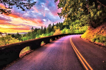 Road along the Sunset, Nature, Sunset, Sky, Trees HD wallpaper