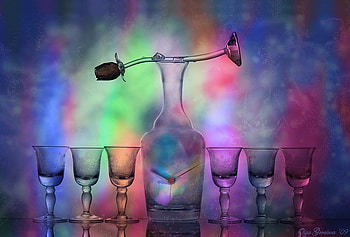colour glass, fullcolour, art , still life, glasses, glass rose, six, glass bottle, nice HD wallpaper