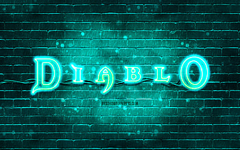 Diablo turquoise logo, , turquoise brickwall, Diablo logo, games brands, Diablo neon logo, Diablo HD wallpaper