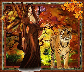 Fantasy woman and tiger * For LIONESS (Patrice), animal, tiger, fantasy, autumn, girl, feline, woman, tree HD wallpaper