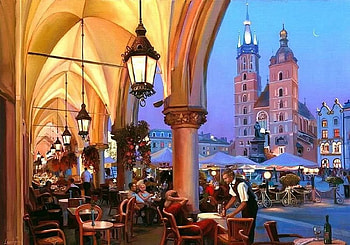 E.Lushpin. Twilight over the Old Square, oil on canvas, cafe, painting, art, street, oil, e lushpin HD wallpaper