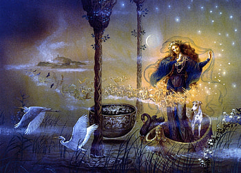Priestess of Avalon, blue, fantasy, bird, girl, water, illustration, kinuko y craft HD wallpaper