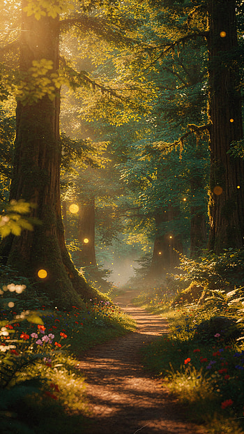 Glimmering Enchanted Path | Forest of Golden Fireflies | Mystic Woodland Glow — , Sunlight, Tree HD phone wallpaper