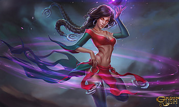 Sorceress, blue, art, girl, woman, golden rush, purple, pink, fantasy, red, game HD wallpaper