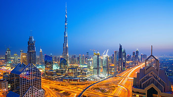 Dubai skyline, Sunset view, City center lights, Windows 10 spotlight HD wallpaper