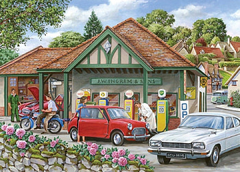 Filling Up, pumps, garage, motorbikes, cars, mini, capri, petrol, village HD wallpaper