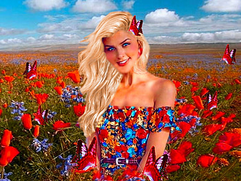 Delicate Blonde, colorful, blue, white, blonde, vibrant, beautiful, butterflies, pretty, vivid, green, red, bright, bold, flowers, lovely HD wallpaper