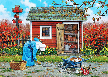 Early to Work, garden, shed, fence, woman, painting HD wallpaper