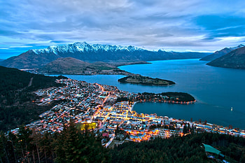 Cityscape sunset, landscape, bay, mountains, forest, ocean HD wallpaper