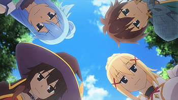 Aqua, Megumin, Kazuma, and Darkness, Anime, KonoSuba - God’s blessing on this wonderful world!!, Aqua (KonoSuba), Megumin (KonoSuba), Kazuma Satou HD wallpaper