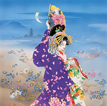 Dancer, kimono, hand fan, art, evantai, girl, geisha, ppurple, haruyo morita, purple HD wallpaper