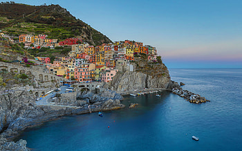 Manarola, Riomaggiore, evening, sunset, Ligurian coast, Manarola panorama, Manarola cityscape, sea, Italy HD wallpaper