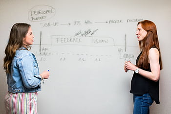 Two women engaging in a discussion about API development processes at a whiteboard. HD wallpaper