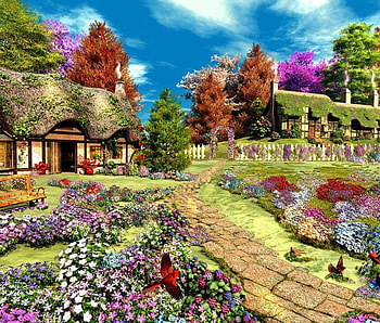 Cottage Lane, artwork, birds, painting, path, trees, flowers, cardinal HD wallpaper