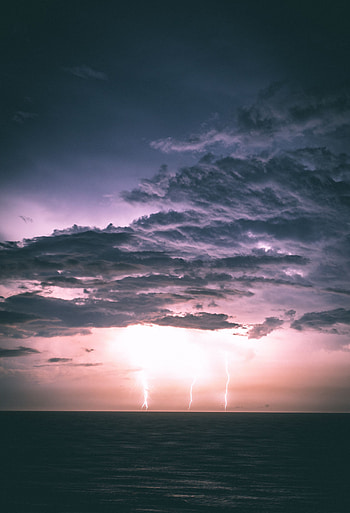 Nature, Sea, Night, Clouds, Lightning, Horizon, Mainly Cloudy, Overcast HD phone wallpaper