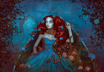 Eva, blue, snake, art, girl, dress, fantasy, flower, natalie shau, redhead, luminos HD wallpaper