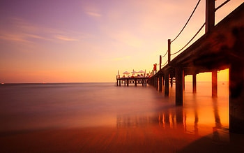 Pier at Sunset, pier, water, ocean, sunset HD wallpaper