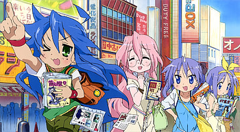 Lucky Star in the City, blue, tsukasa, lucky star, city, miyuki, long hair, twin tails, purple, pink, kagami, konata, green eyes HD wallpaper