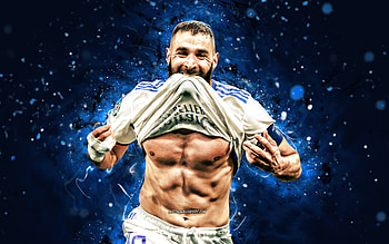 Karim Benzema, , goal, Real Madrid FC, soccer, french footballers, La Liga, Karim Mostafa Benzema, blue neon lights, Karim Benzema Real Madrid, football, Real Madrid CF, LaLiga, Karim Benzema HD wallpaper