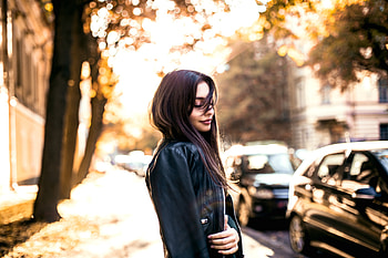 Girl With Black Leather Jacket Outdoors, girls, outdoors, jacket, leather HD wallpaper
