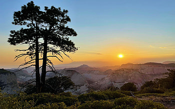 Looking west from the West Rim, Zion National Park, Utah, trees, colors, sky, sun, rocks, sunset, usa HD wallpaper