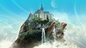 Fantasy, blue, castle, water, hand HD wallpaper