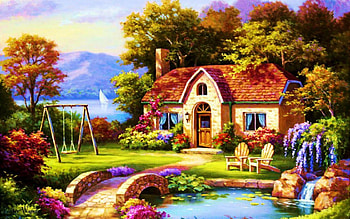 Spring Cottage, Pond, Bridge, Stone, Village, Painting, Cottage HD wallpaper