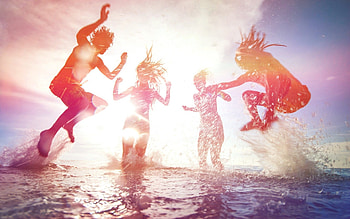 man sports sky tan people beach light june jumping friends summer ocean foam balloon water sun HD wallpaper
