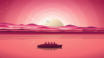 Boat Minimalist Artistic Moon Birds Red Sunset Background Minimalism HD wallpaper