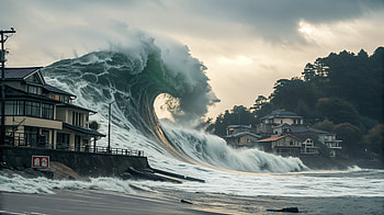 tsunami, wave, ocean, coast, house, Ocean Waves HD wallpaper