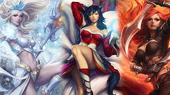 Crystal Maiden, Ahri, Katarina, blue, white, katarina, stanley lau, ahri, girl, crystal maiden, orange, woman, collage, fantasy, red, league of legends, game, lol, trio HD wallpaper
