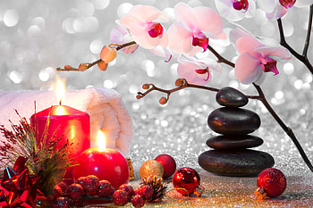 Christmas spa, orchod, stones, winter, massage, balls, flame, beautiful, arrangement, decoration, holiday, candle, warmth, flower, spa HD wallpaper
