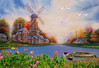 Dream mill, boat, magic, birds, mill, house, water mill, lake, cabin, fantasy, trees, nature, flowers, sky, cottage, dream HD wallpaper